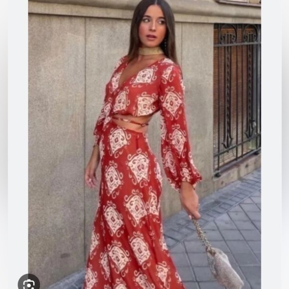 Zara Rust Red and Cream Printed Midi Dress